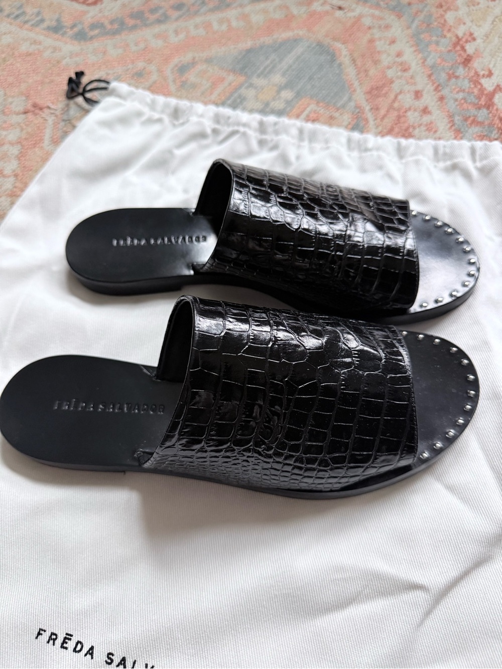 Freda Salvador Black Croc-Embossed Slide Sandals with Studded Toe